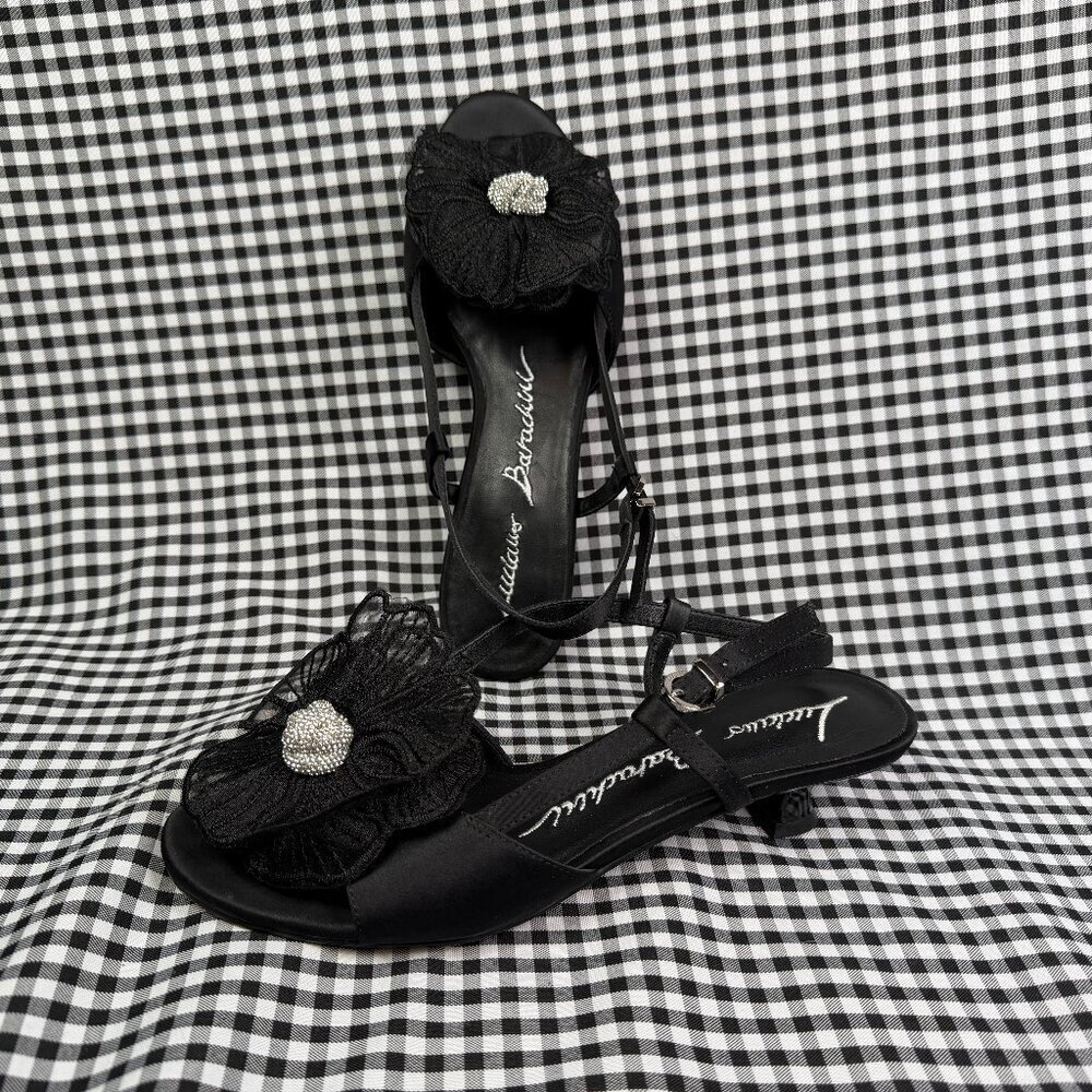 Luciano Barachini Black Floral Kitten Heel Sandals Rhinestone Slingback Shoe 37